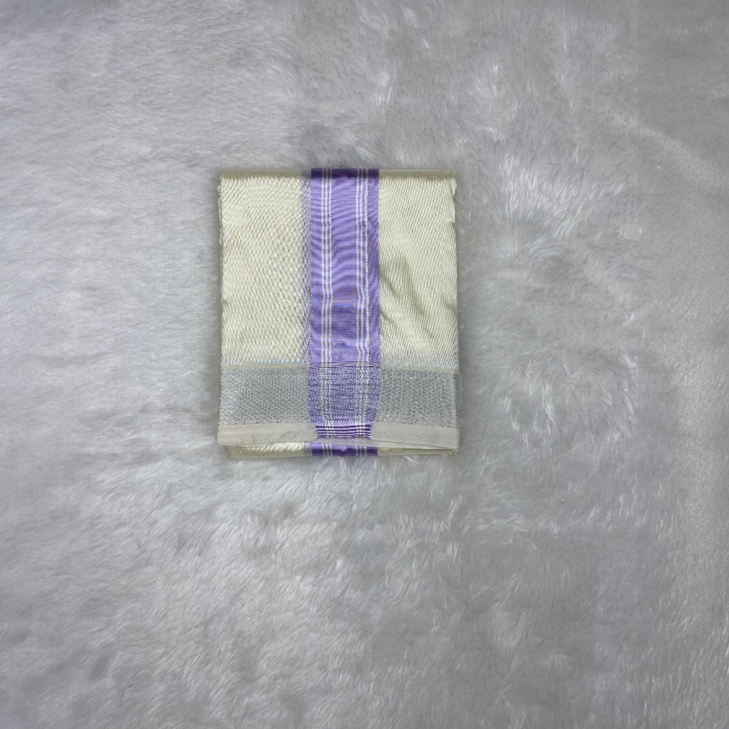 HORAD Premium Art Silk Cream with Lavender+Silver Border Dhoti + Belt