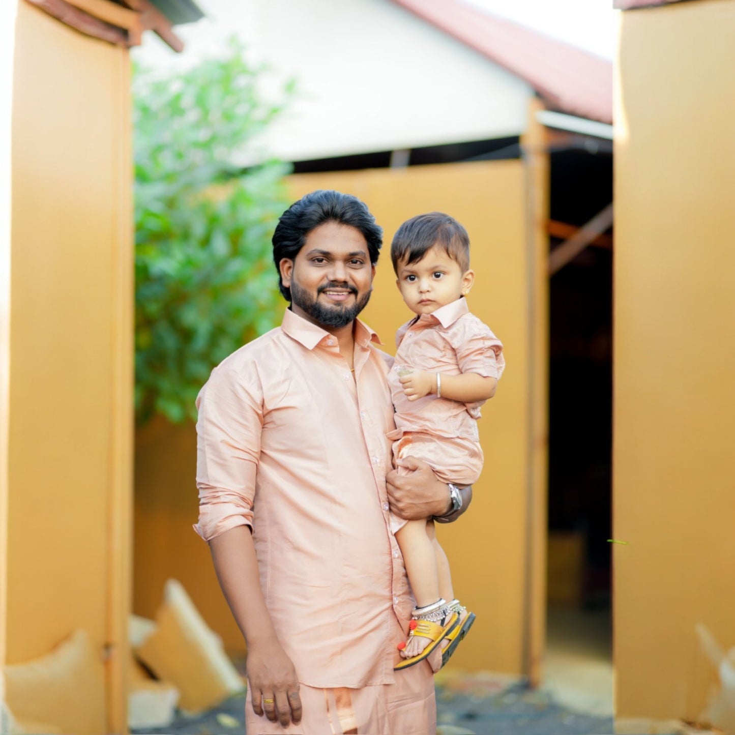 Horad Premium Art Silk Dad and Son Copper Shirt + Welcro Dhoti