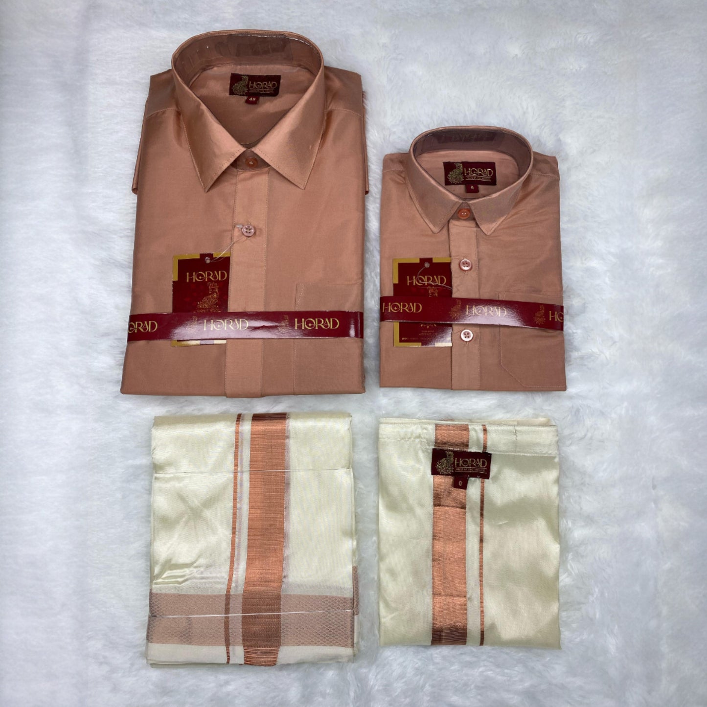 Horad Premium Art Silk Dad and Son Copper Shirt + Cream Dhoti