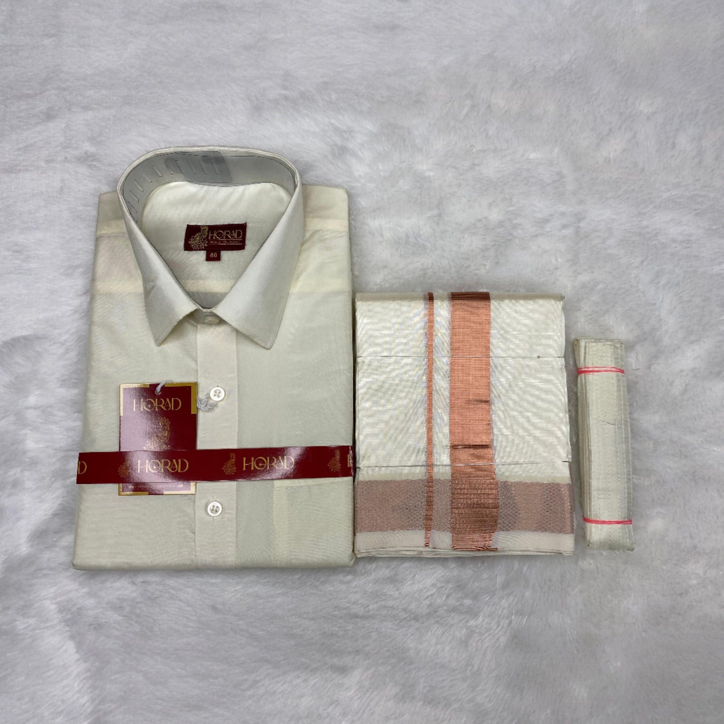 Horad Premium Art Silk Cream Shirt + Cream with Copper Dhoti + Belt