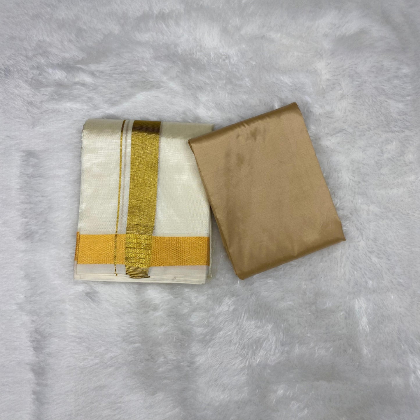HORAD Premium Art Silk Cream with Gold Dhoti with Light Gold Shirt Material