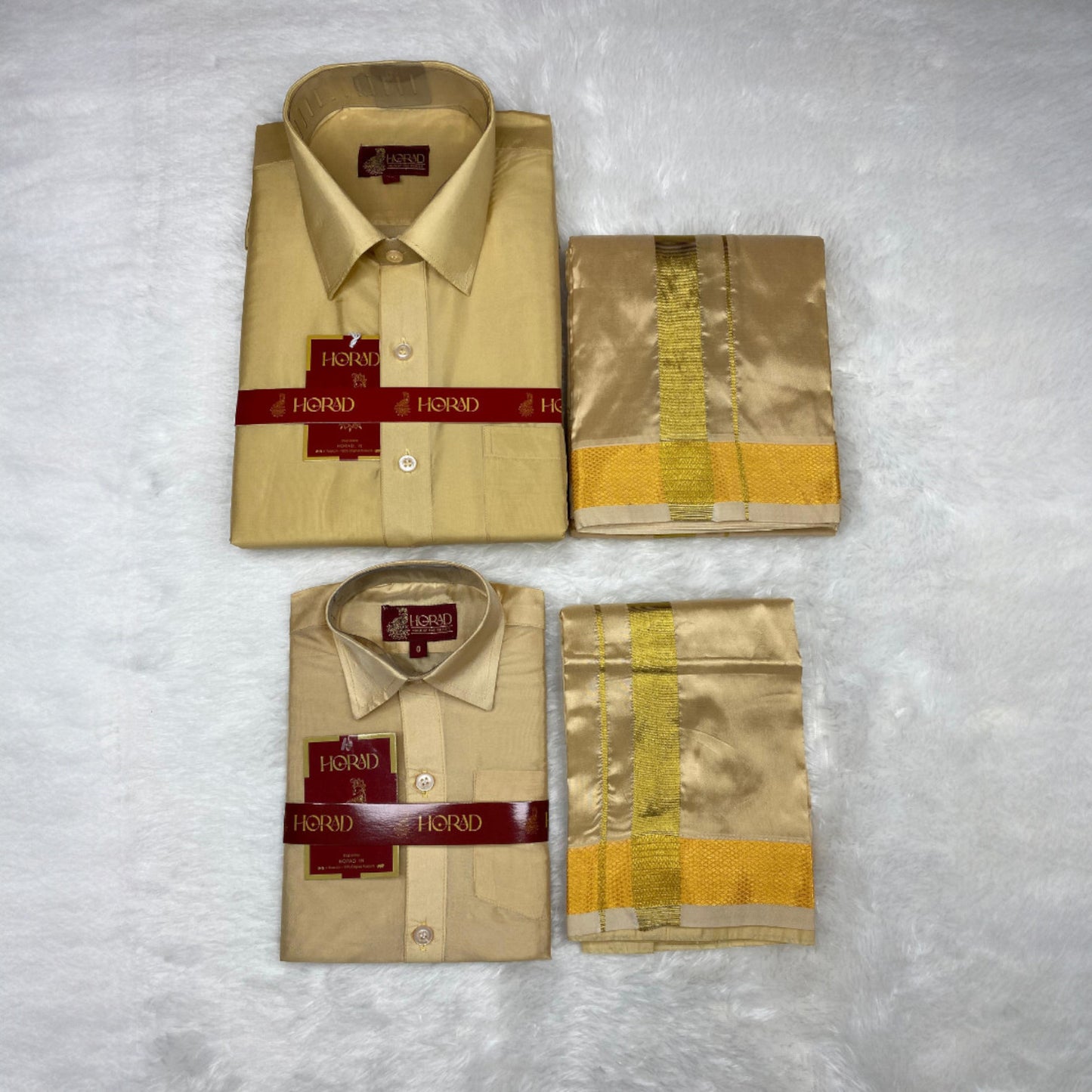 Horad Premium Art Silk Dad and Son Light Gold Shirt + Dhoti