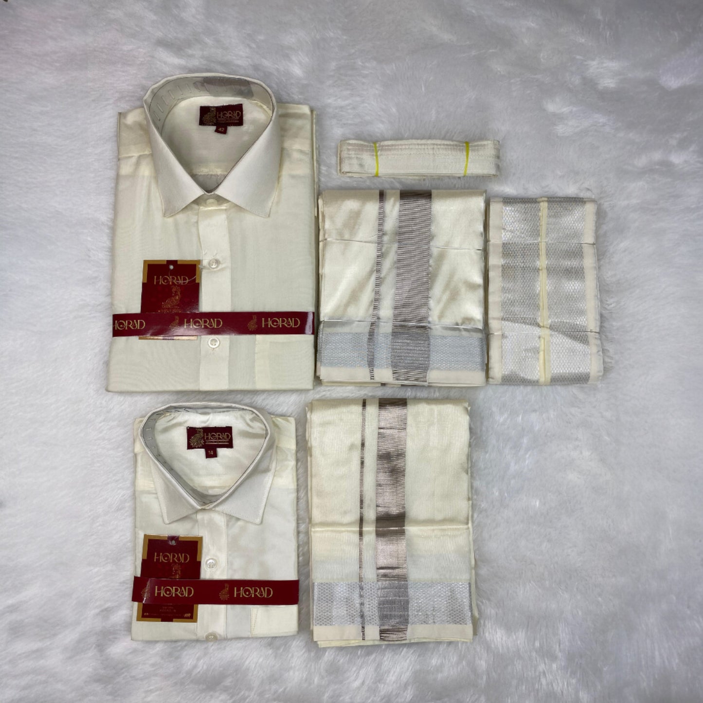 Horad Premium Art Silk Dad and Son Cream Shirt + Cream with Silver Zari Dhoti + Angavastram + Belt