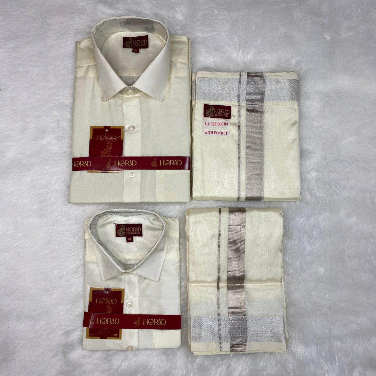 Horad Premium Art Silk Dad and Son Cream Shirt + Cream with Silver Zari Welcro Dhoti