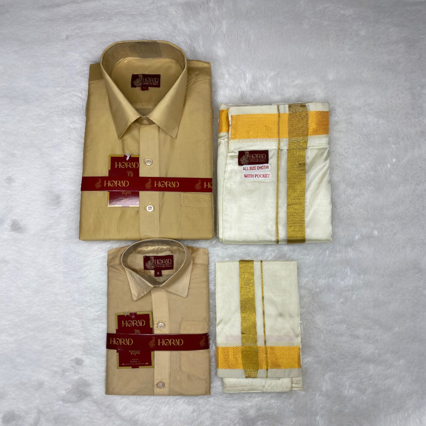 Horad Premium Art Silk Dad and Son Light Gold Shirt + Cream Welcro Dhoti