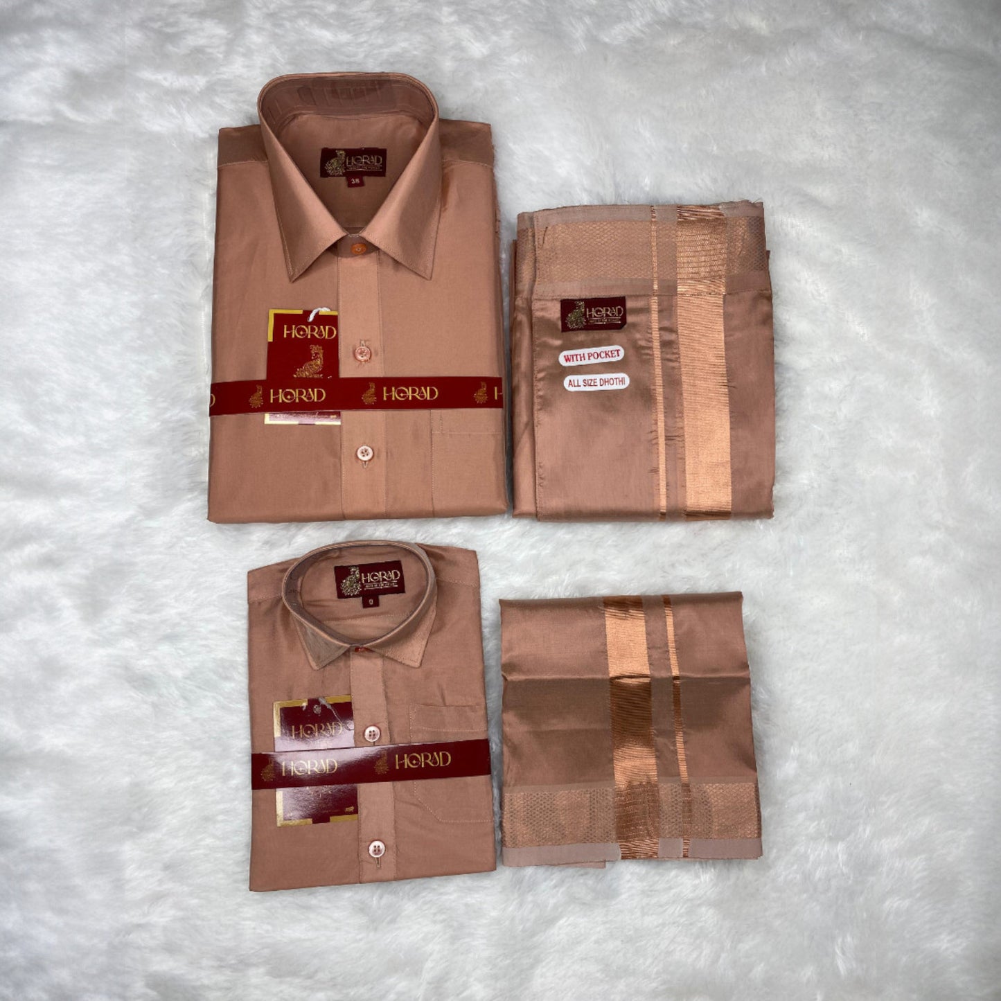 Horad Premium Art Silk Dad and Son Copper Shirt + Welcro Dhoti