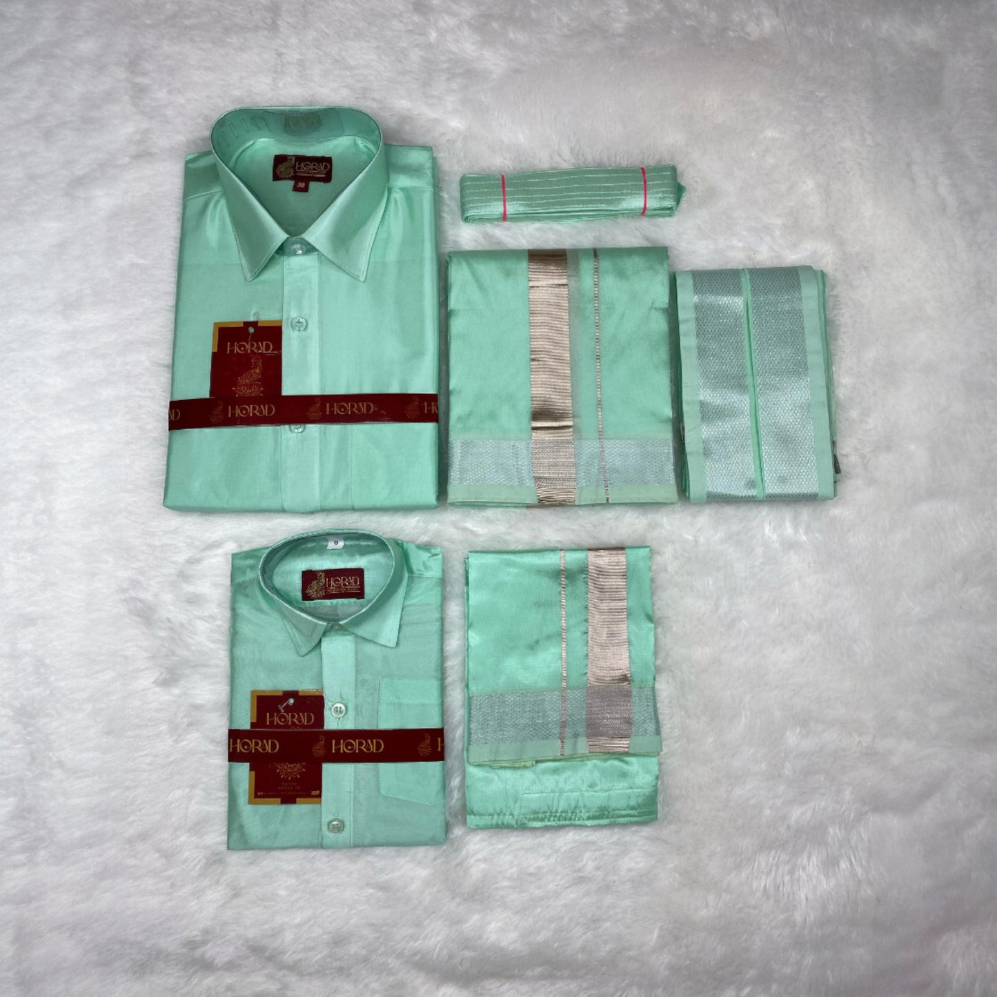 Horad Premium Art Silk Dad and Son ML.Green Shirt + Dhoti + Angavastram + Belt