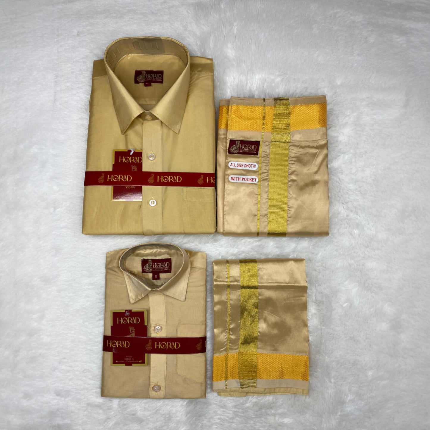 Horad Premium Art Silk Dad and Son Light Gold Shirt + Welcro Dhoti