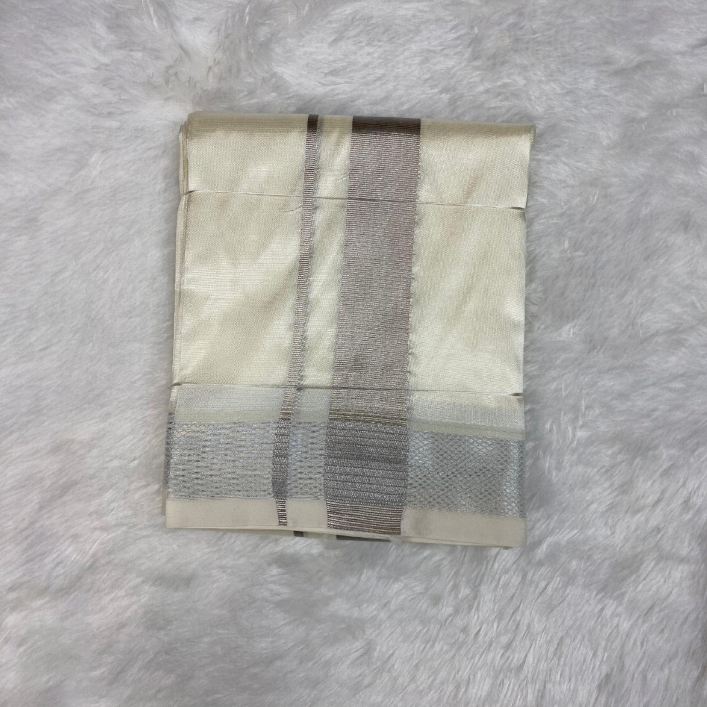 HORAD Premium Art Silk Cream With Silver Zari Dhoti + Angavastram (8X4)