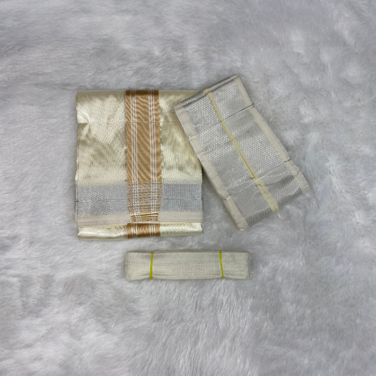 HORAD Premium Art Silk Cream with Gold + Silver Border Dhoti + Angavastram + Belt
