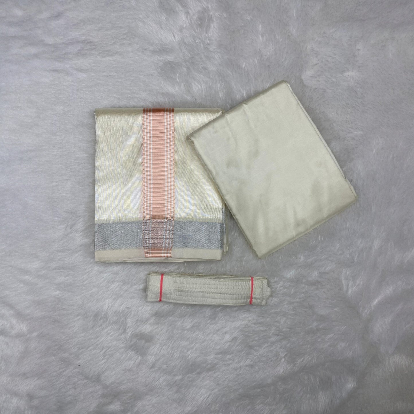 HORAD Premium Art Silk Cream with Rose Gold+Silver Border Dhoti with Cream Shirt Material + Belt