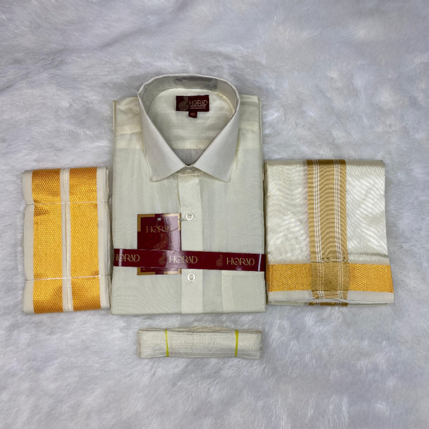 Horad Premium Art Silk Cream Shirt + Cream with Gold Border Dhoti + Angavastram + Belt