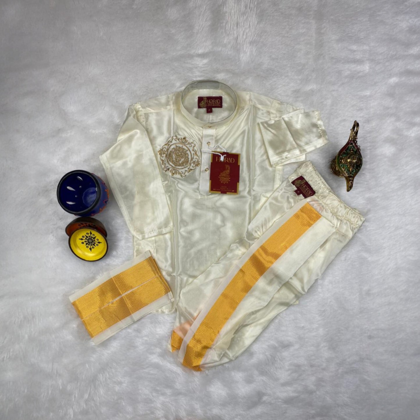 Horad Premium Art Silk Cream Balaji Embroidery Long Kurta + Panjakejam + Border Angavastram