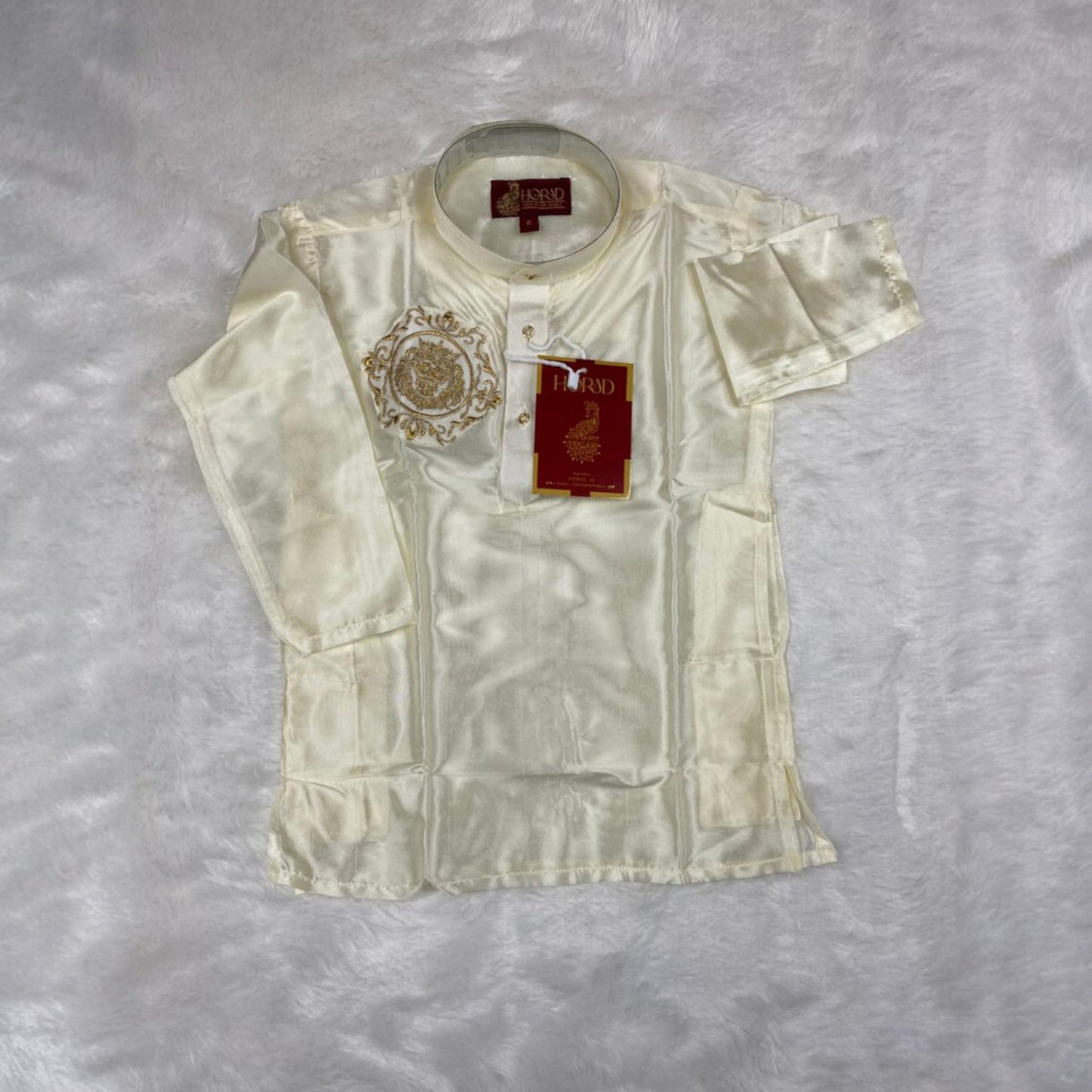Horad Premium Art Silk Cream Balaji Embroidery Long Kurta + Panjakejam + Border Angavastram