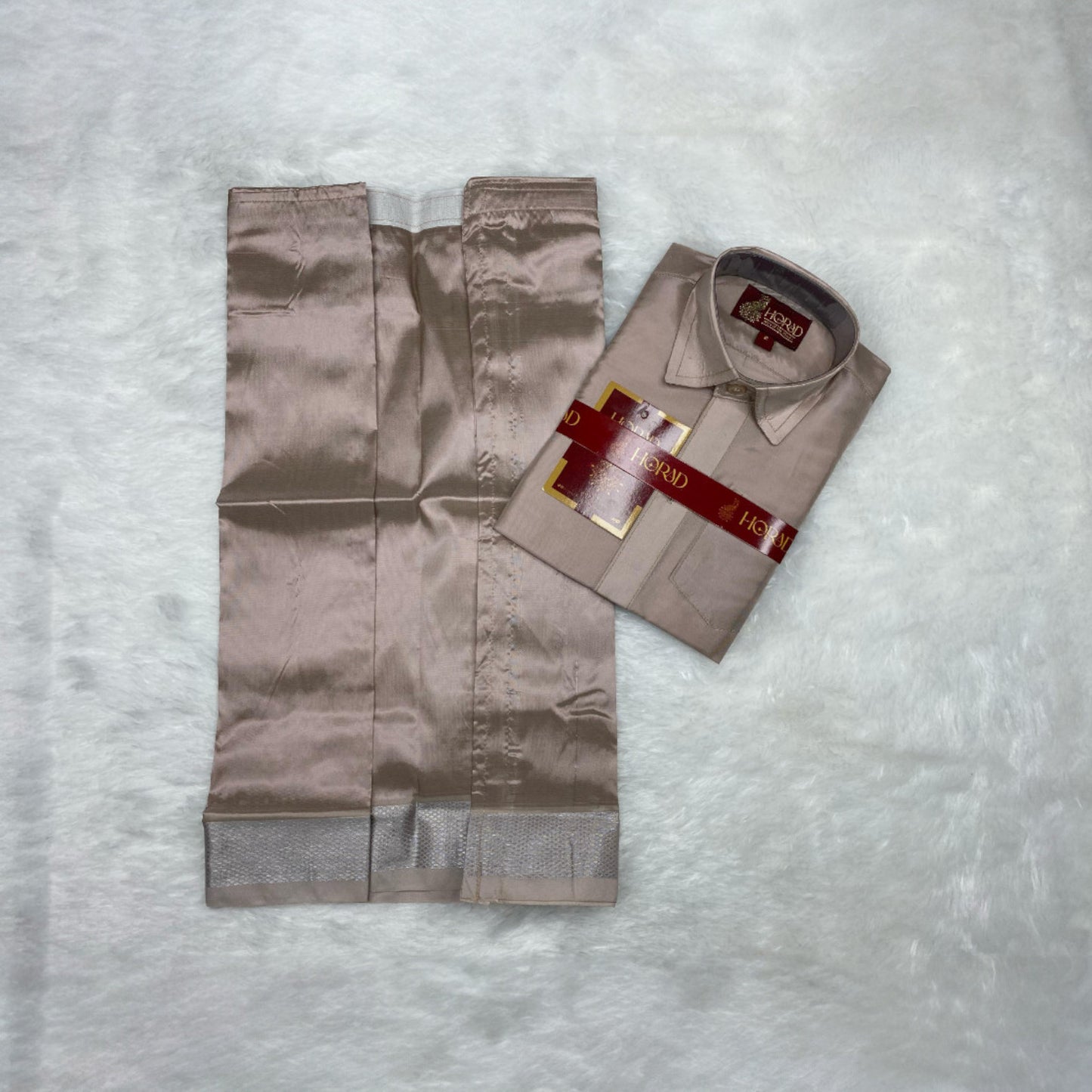 Horad Premium Art Silk Dad and Son Sandstone Shirt + Dhoti