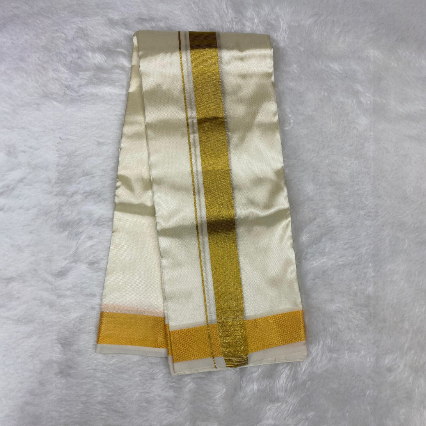 HORAD Premium Art Silk Cream Dhoti + Angavastram (8X4)