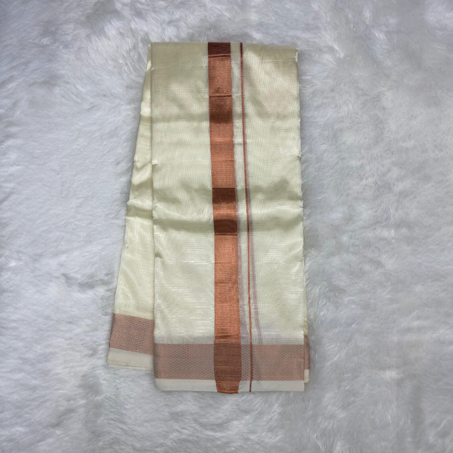 HORAD Premium Art Silk Cream with Copper Dhoti + Cream Shirt Material + Belt