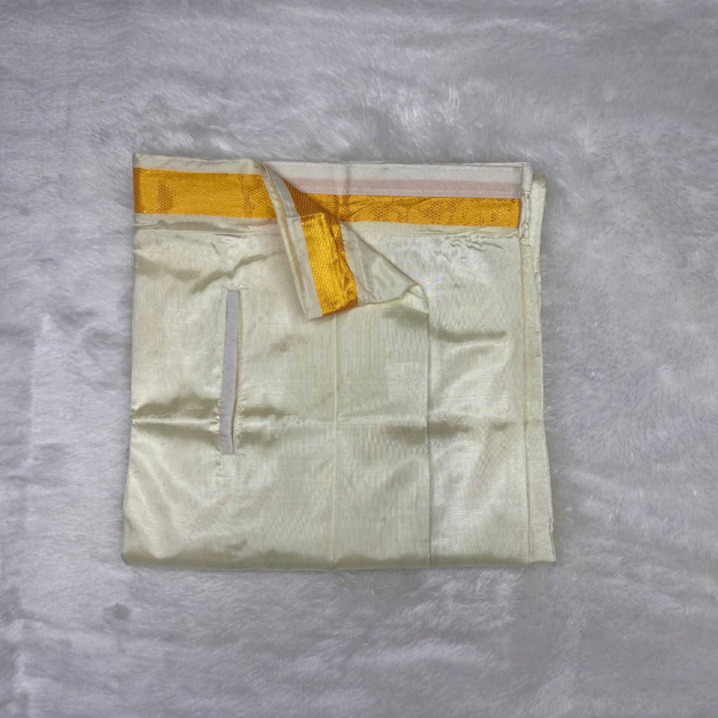 Horad Premium Art Silk Dad and Son Light Gold Shirt + Cream Welcro Dhoti + Angavastram