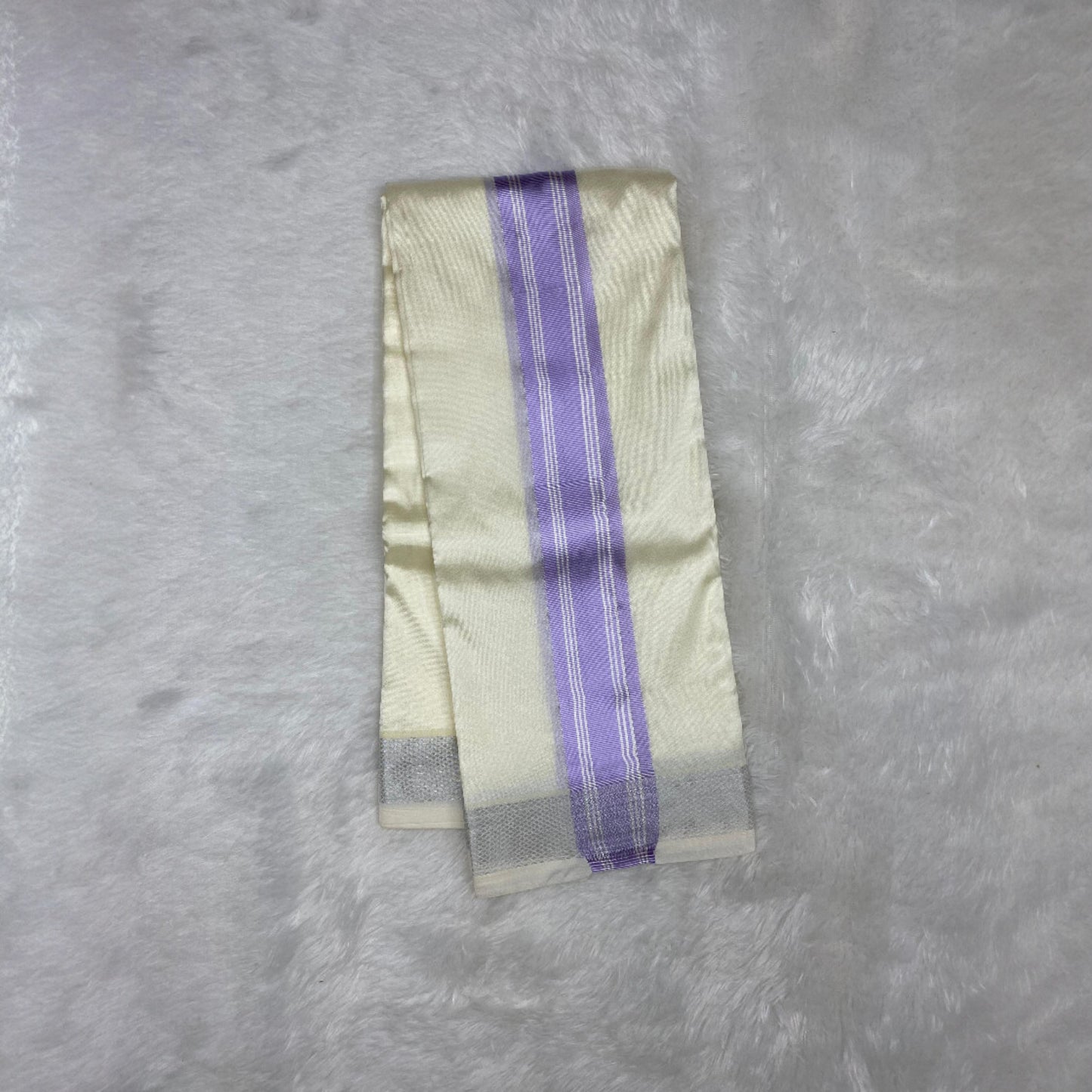 HORAD Premium Art Silk Cream with Lavender+Silver Border Dhoti + Belt