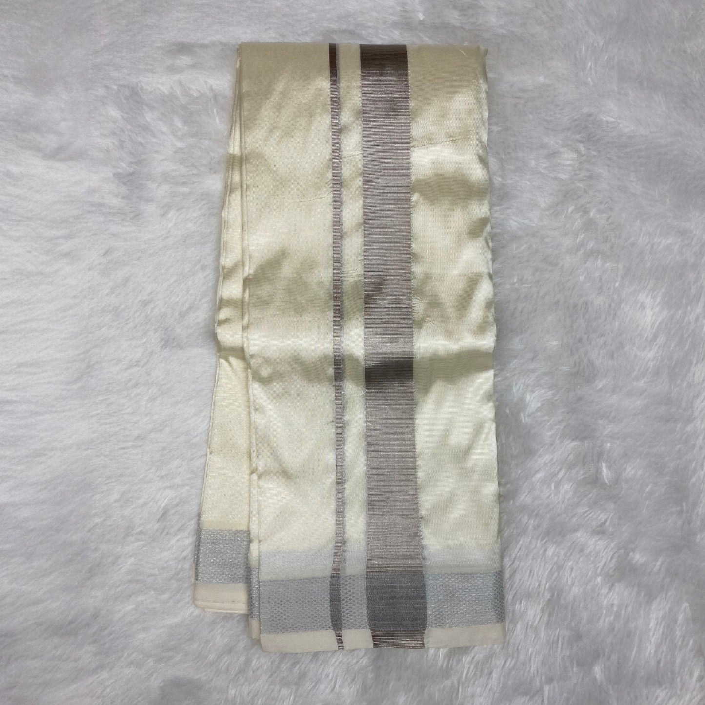 HORAD Premium Art Silk Cream With Silver Zari Dhoti + Angavastram (8X4)