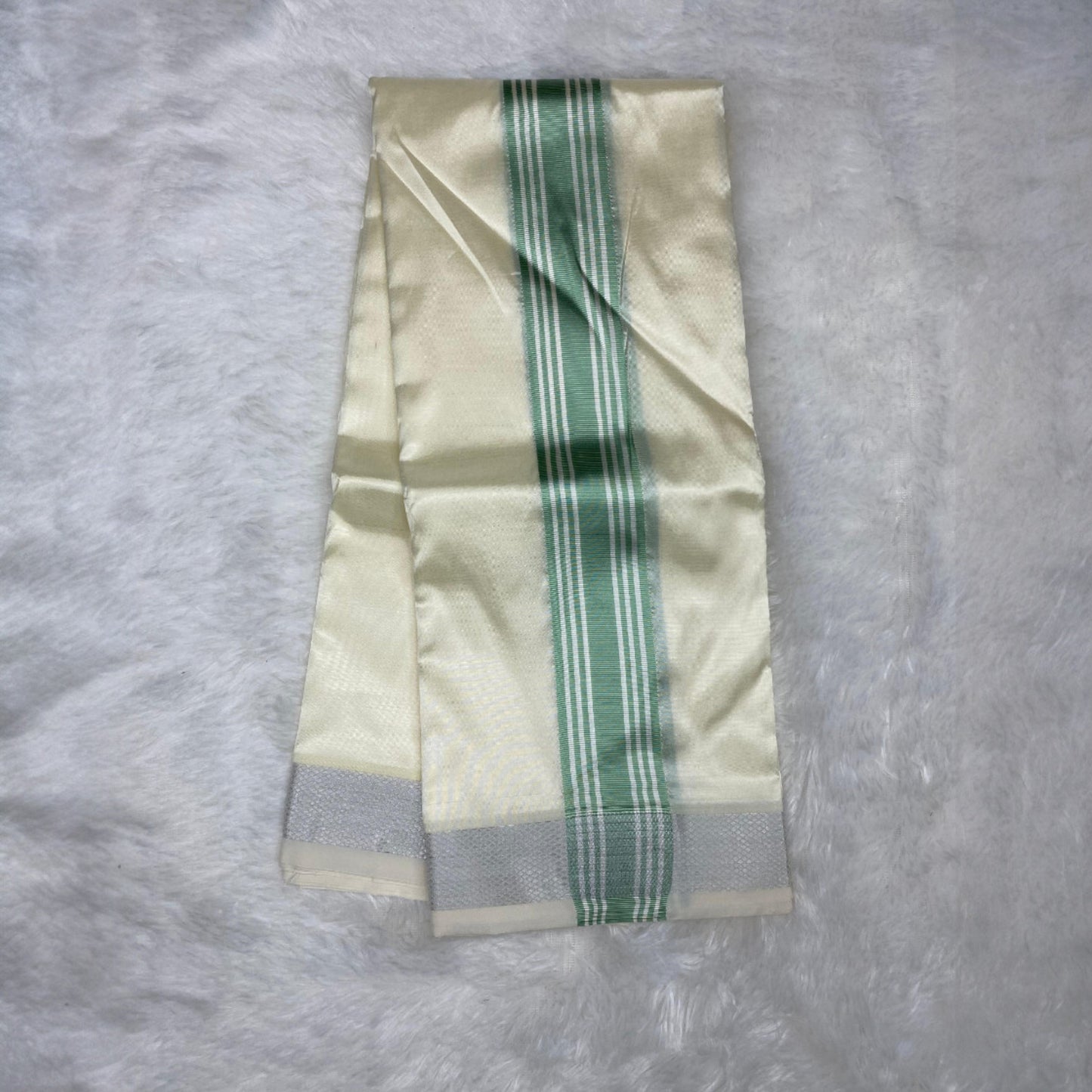 Horad Premium Art Silk Pista Green Shirt + Cream with Green border Dhoti