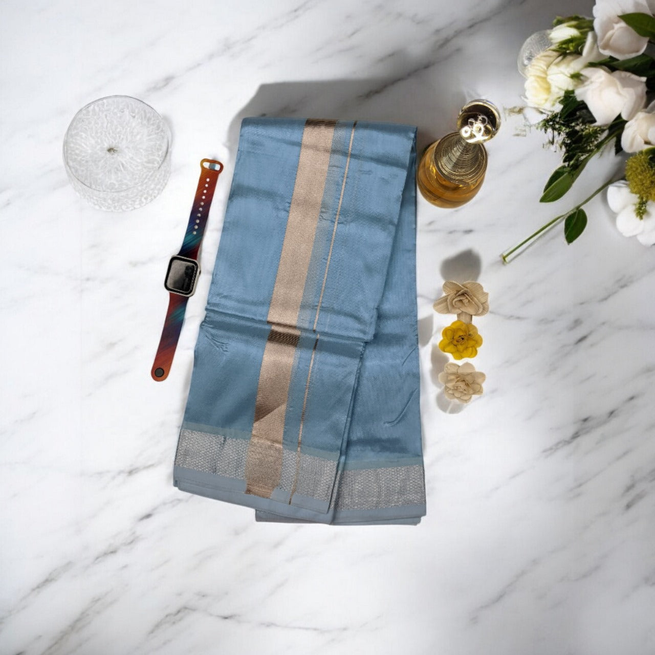 HORAD Premium Art Silk Blue Dhoti + Angavastram + Belt (8X4)