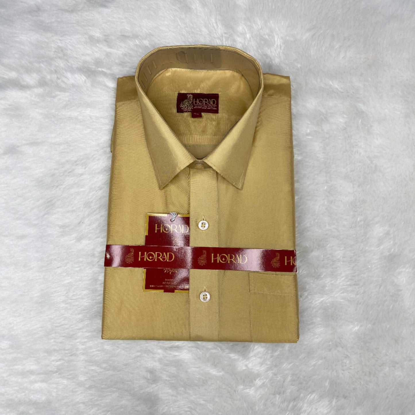 Horad Premium Art Silk Light Gold Shirt + Cream with Gold + Silver Border Dhoti