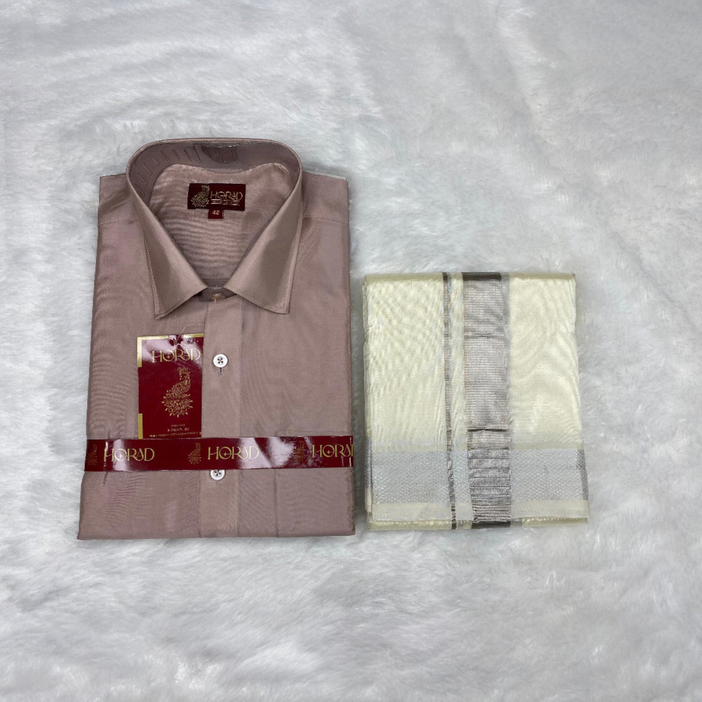 Horad Premium Art Silk Sandstone Shirt + Cream With Silver Dhoti