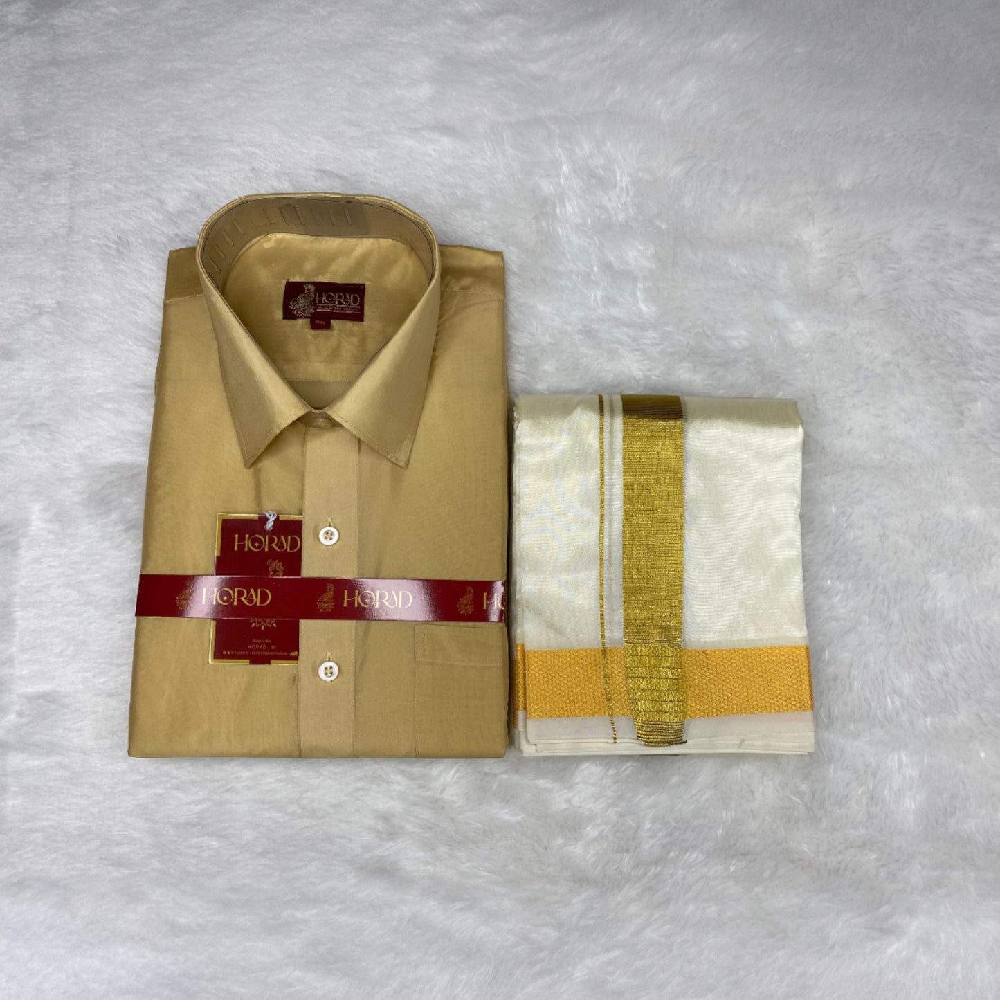 Horad Premium Art Silk Light Gold Shirt + Cream Dhoti