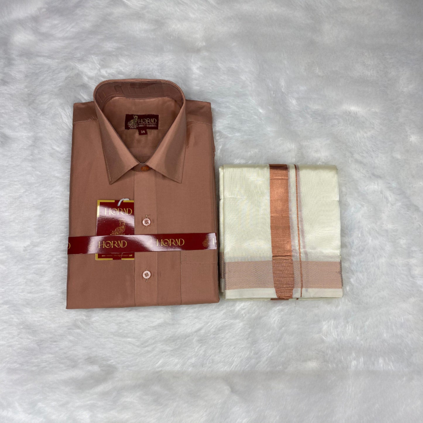 Horad Premium Art Silk Copper Shirt + Cream Dhoti