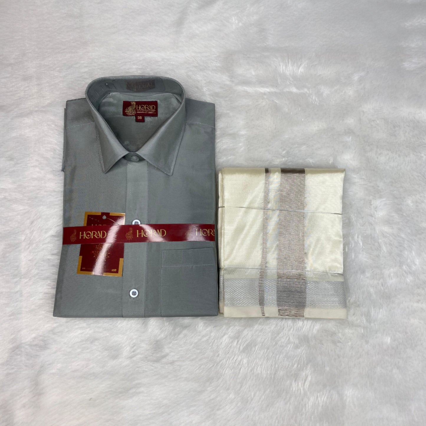 Horad Premium Art Silk Steel Grey Shirt + Cream with Silver Zari Dhoti
