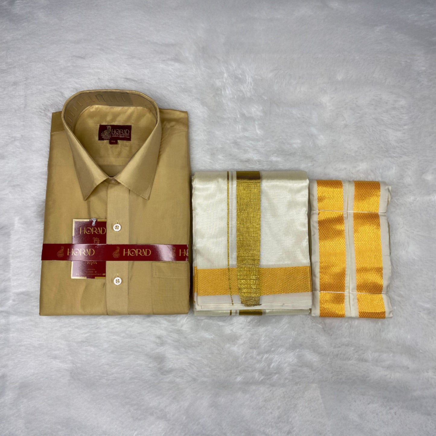 Horad Premium Art Silk Light Gold Shirt + Cream with Gold Dhoti + Angavastram