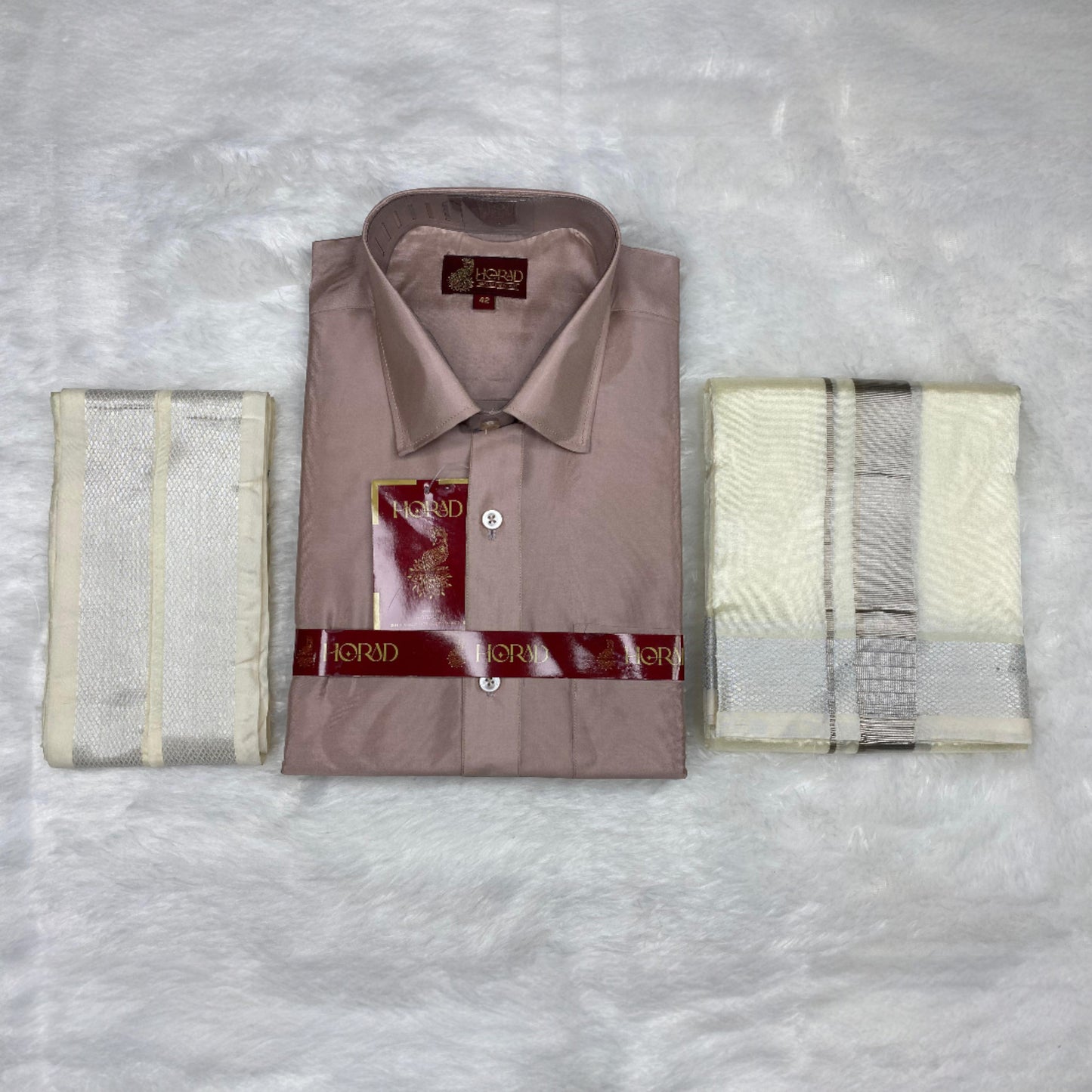 Horad Premium Art Silk Sandstone Shirt + Cream with Silver Dhoti + Angavastram