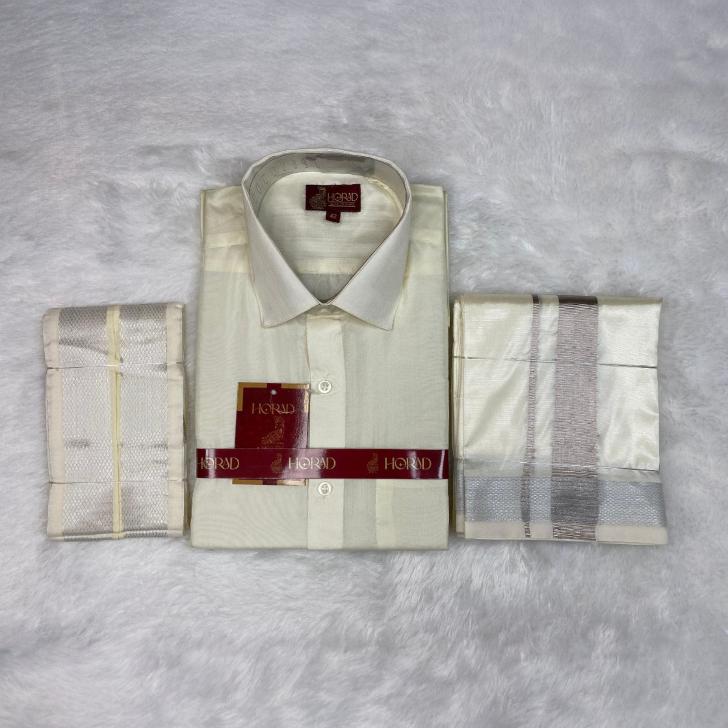 Horad Premium Art Silk Cream Shirt + Cream with Silver Zari Dhoti + Angavastram