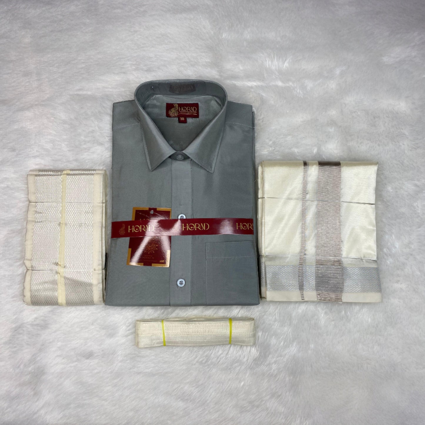 Horad Premium Art Silk Steel Grey Shirt + Cream with Silver Dhoti + Angavastram + Belt