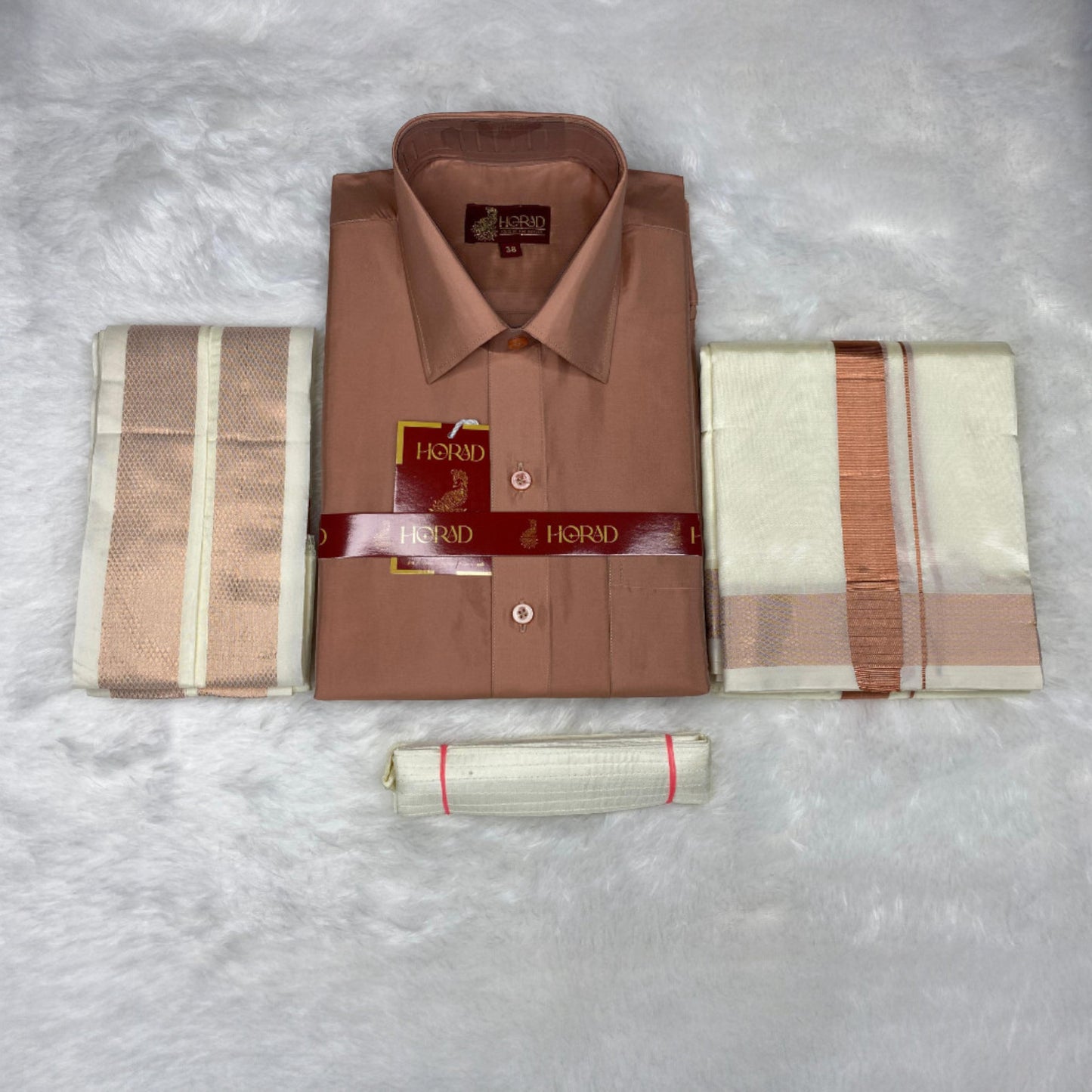 Horad Premium Art Silk Copper Shirt + Cream Dhoti + Angavastram + Belt