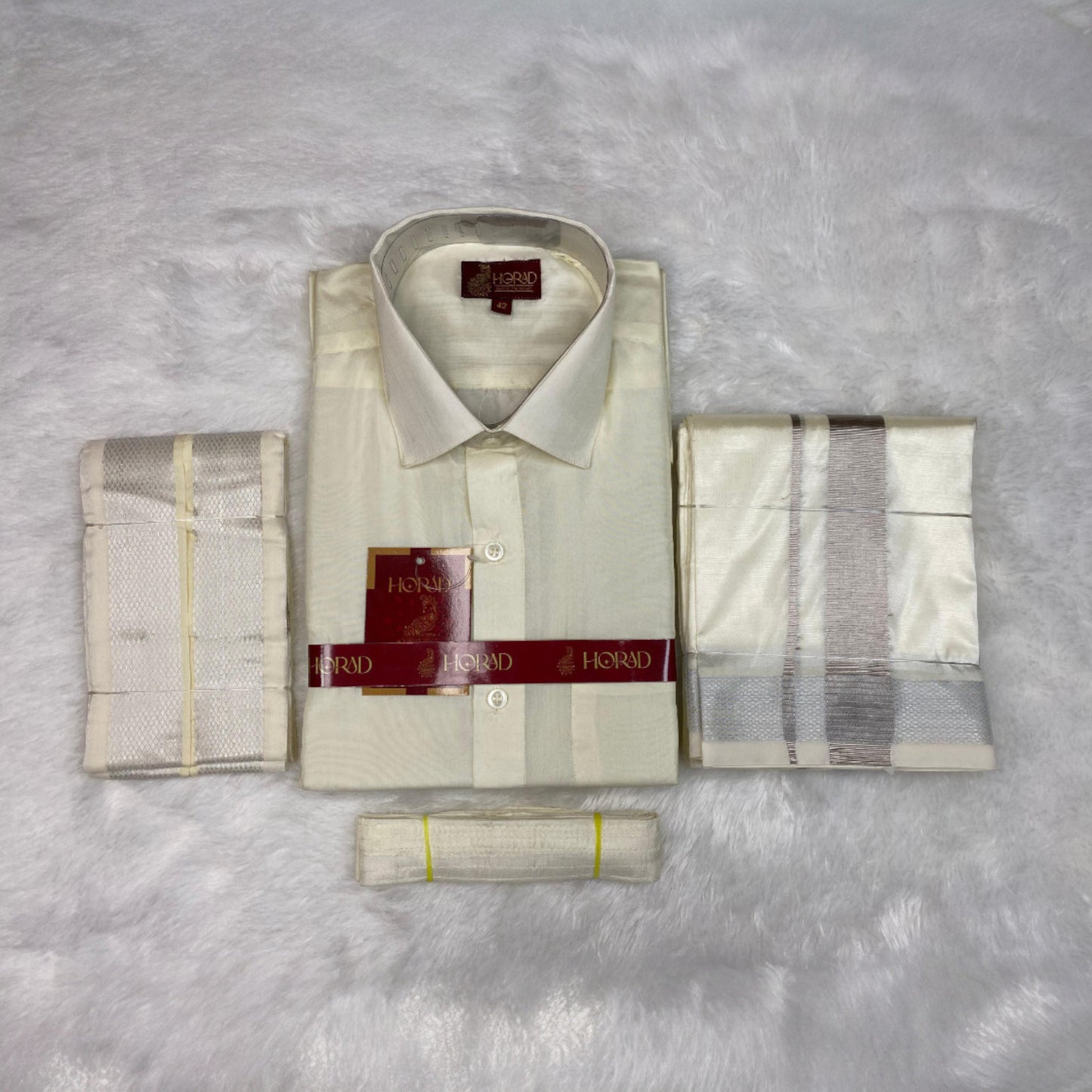 Horad Premium Art Silk Cream Shirt + Cream with Silver Zari Dhoti + Angavastram + Belt