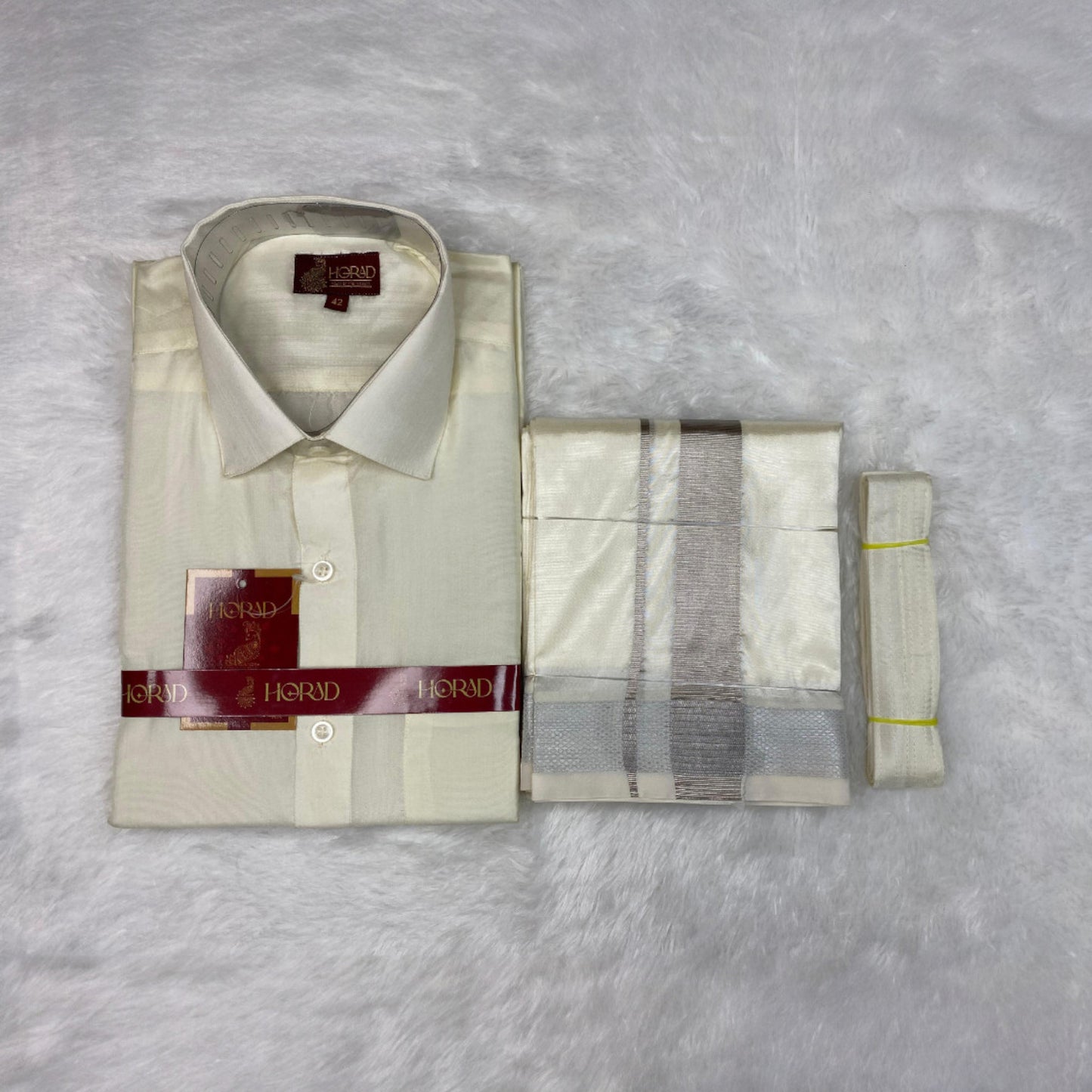 Horad Premium Art Silk Cream Shirt + Cream with Silver Zari Dhoti + Belt