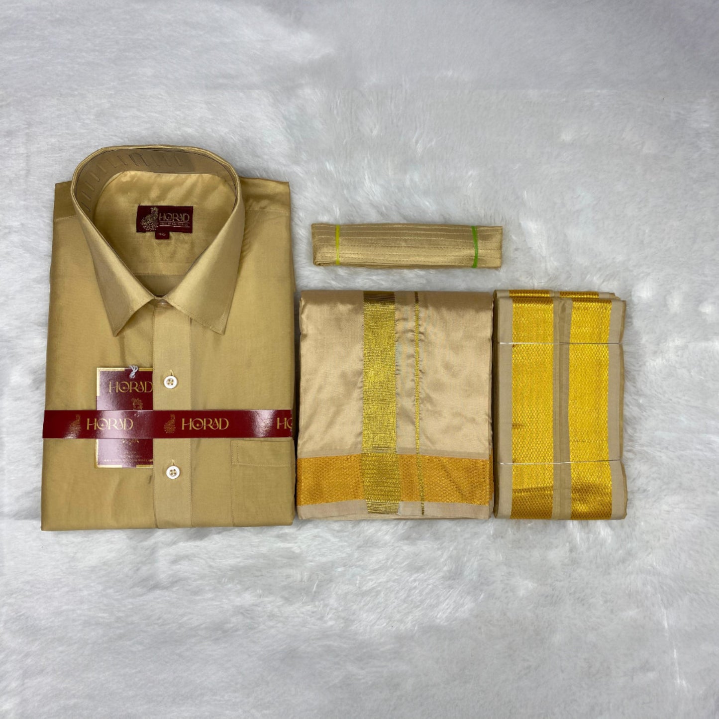 Horad Premium Art Silk Light Gold Shirt + Dhoti + Angavastram + Belt