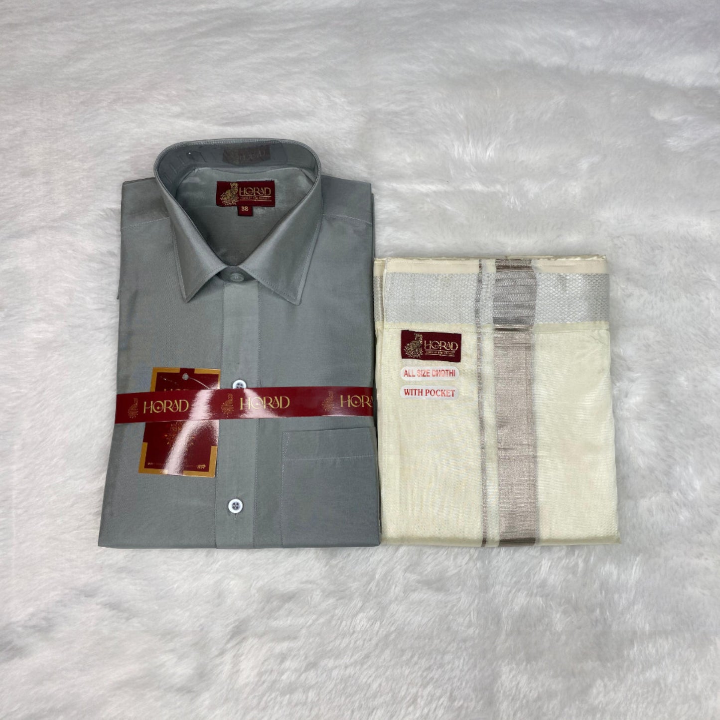 Horad Premium Art Silk Steel Grey Shirt + Cream with Silver Welcro Dhoti