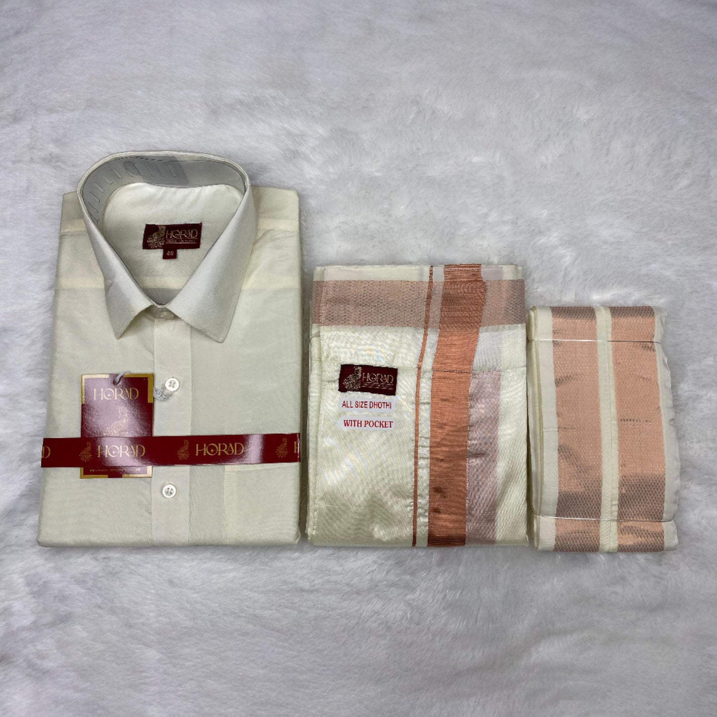 Horad Premium Art Silk Cream Shirt + Cream with Copper Welcro Dhoti + Angavastram