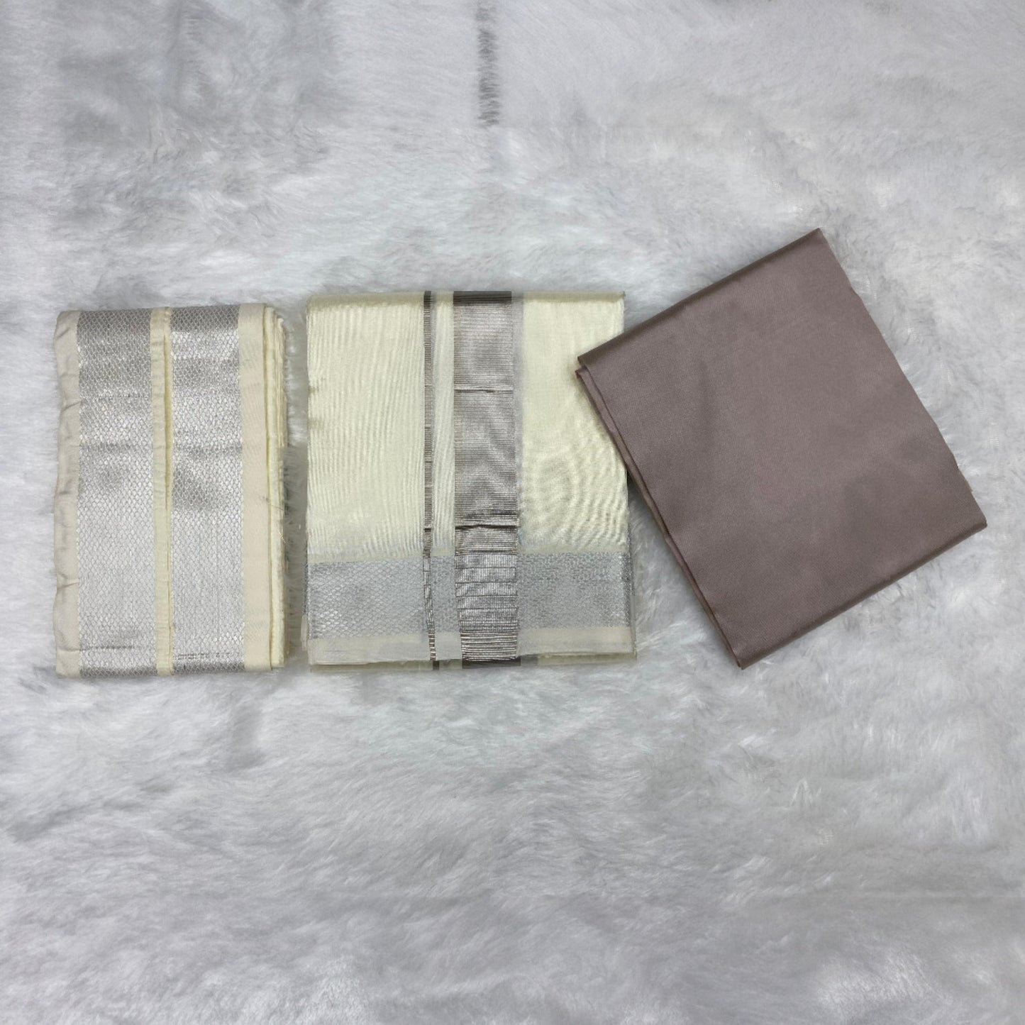 HORAD Premium Art Silk Sandstone Shirt Material (3 Meter) + (9X5) Cream with Silver Dhoti + Angavastram