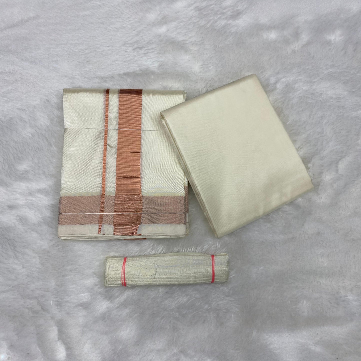 HORAD Premium Art Silk Cream with Copper Dhoti + Cream Shirt Material + Belt