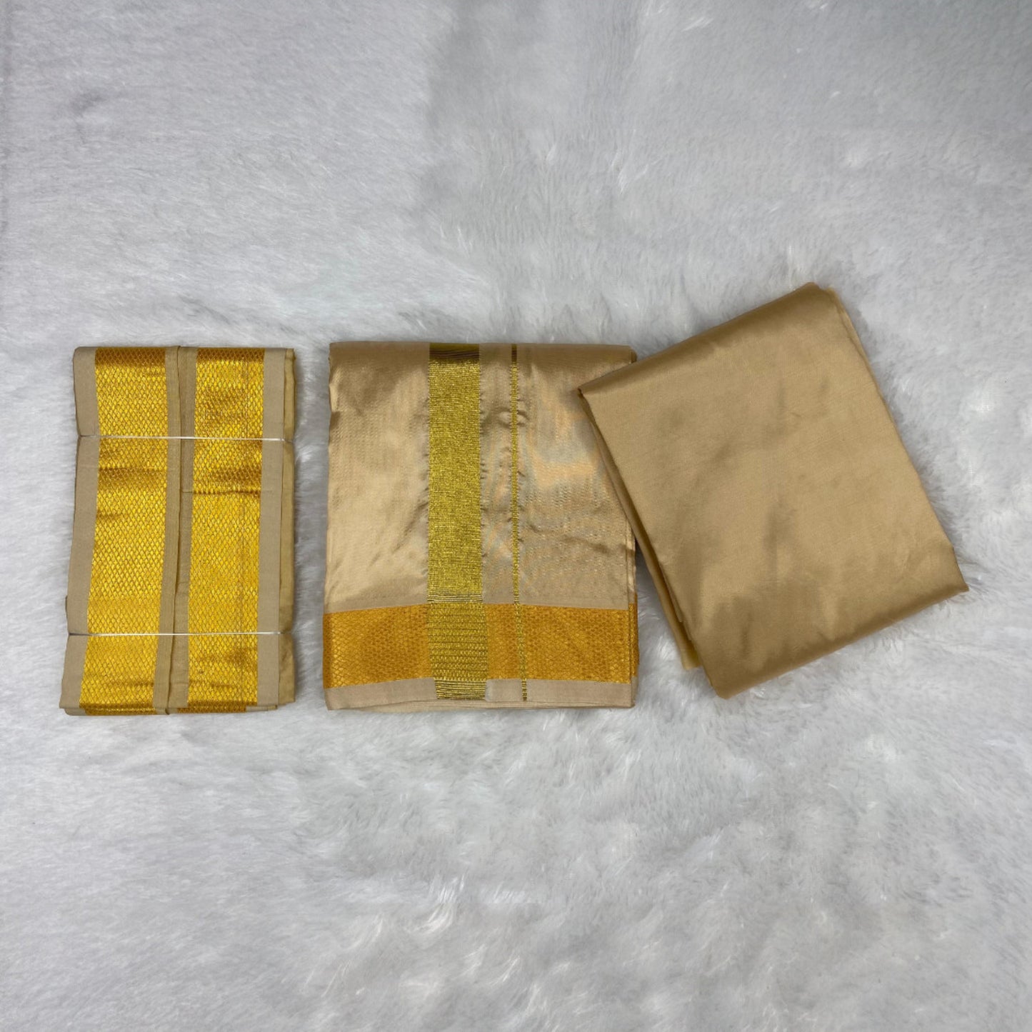 HORAD Premium Art Silk Light Gold Shirt Material (3 Meter) + (9X5) Dhoti + Angavastram