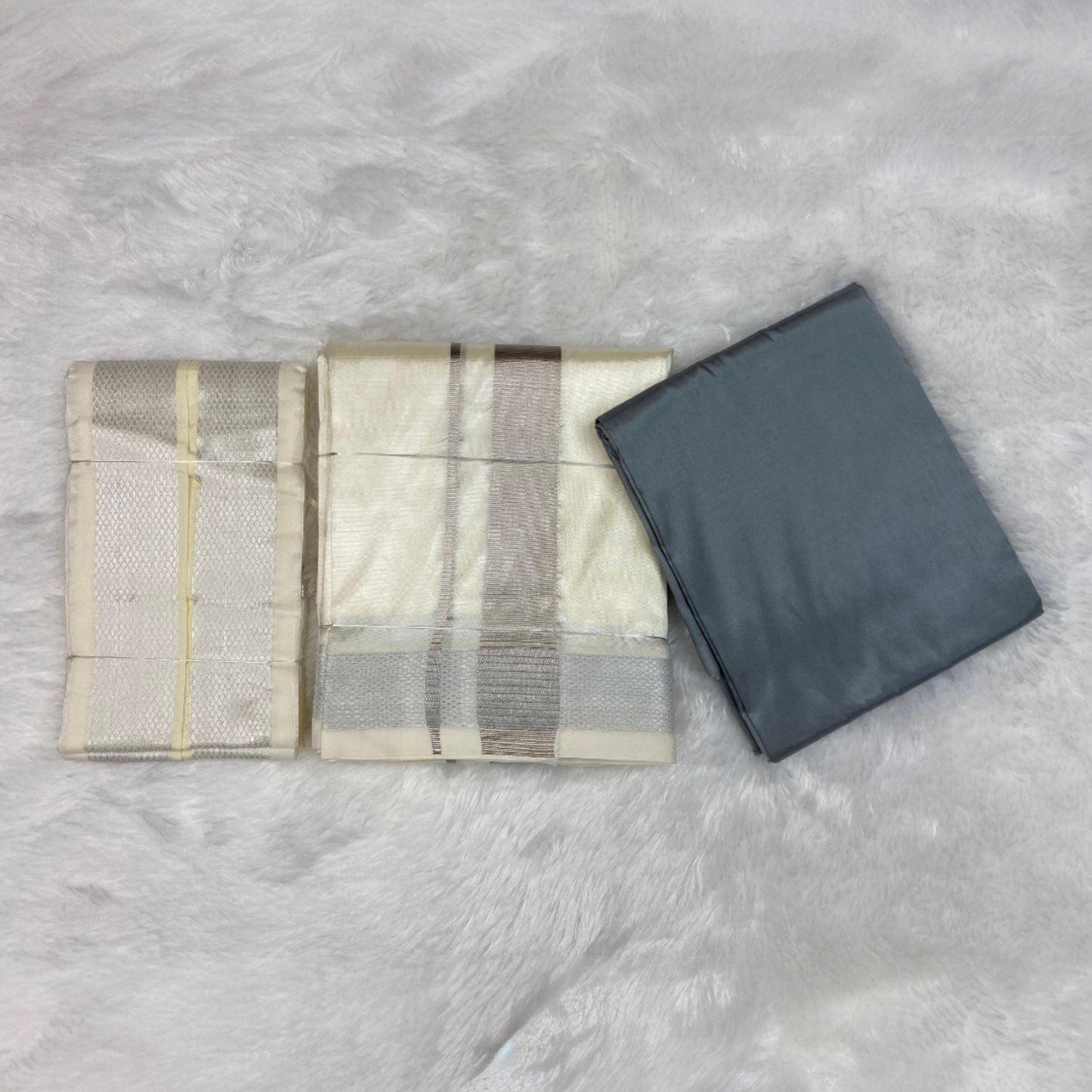 HORAD Premium Art Silk Steel Grey Shirt Material (3 Meter) + Cream with Silver (9X5) Dhoti + Angavastram