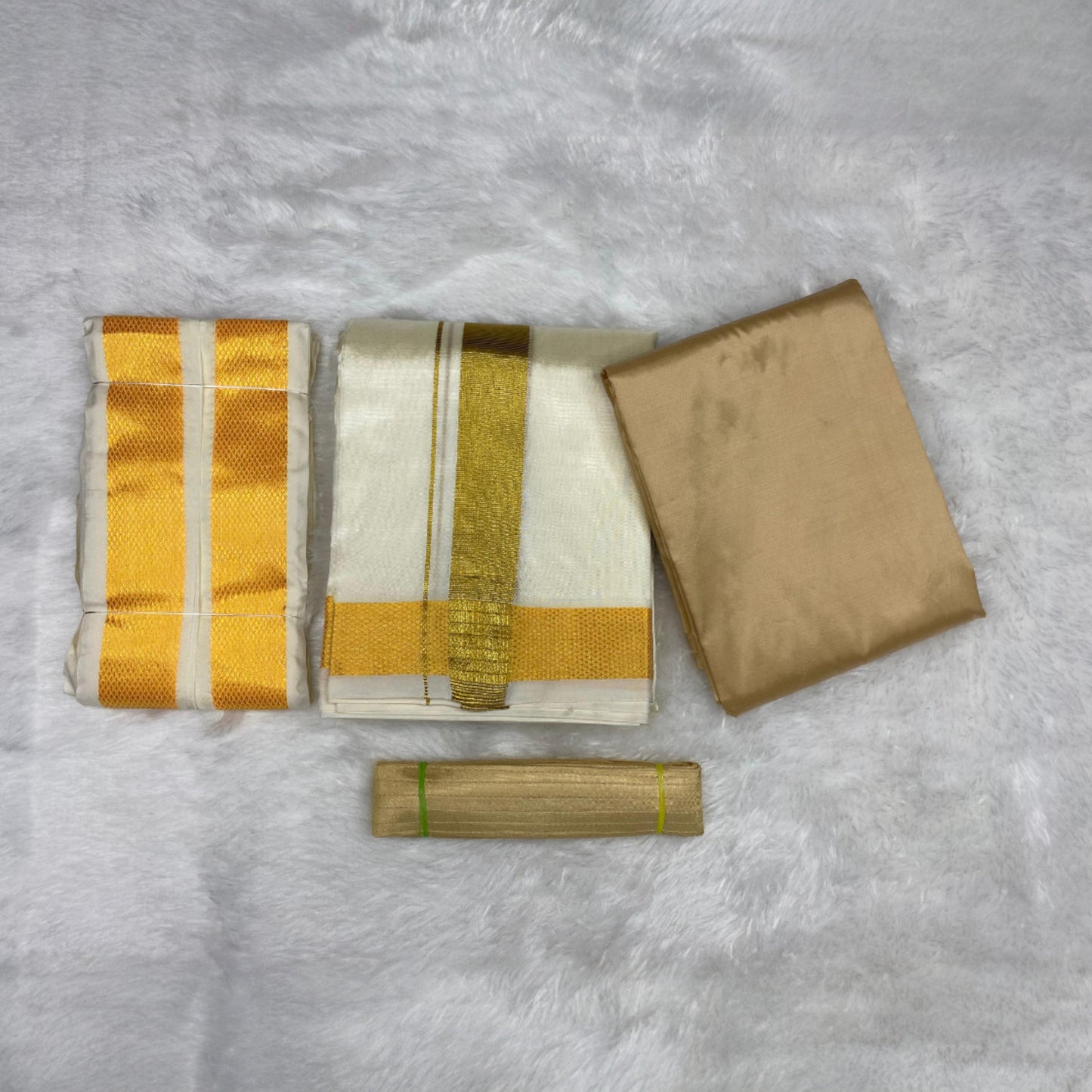 HORAD Premium Art Silk Light Gold Shirt Material with Cream Dhoti + Angavastram + Belt