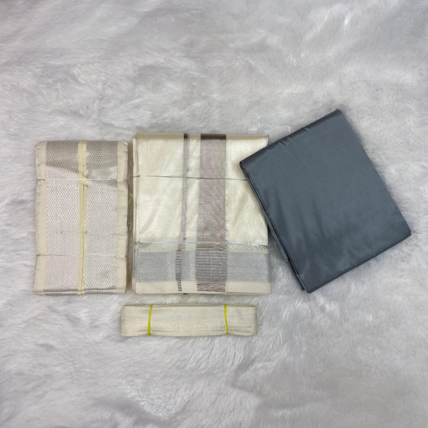 HORAD Premium Art Silk Steel Grey Shirt Material (3 Meter) + Cream with Silver (9X5) Dhoti + Angavastram + Belt