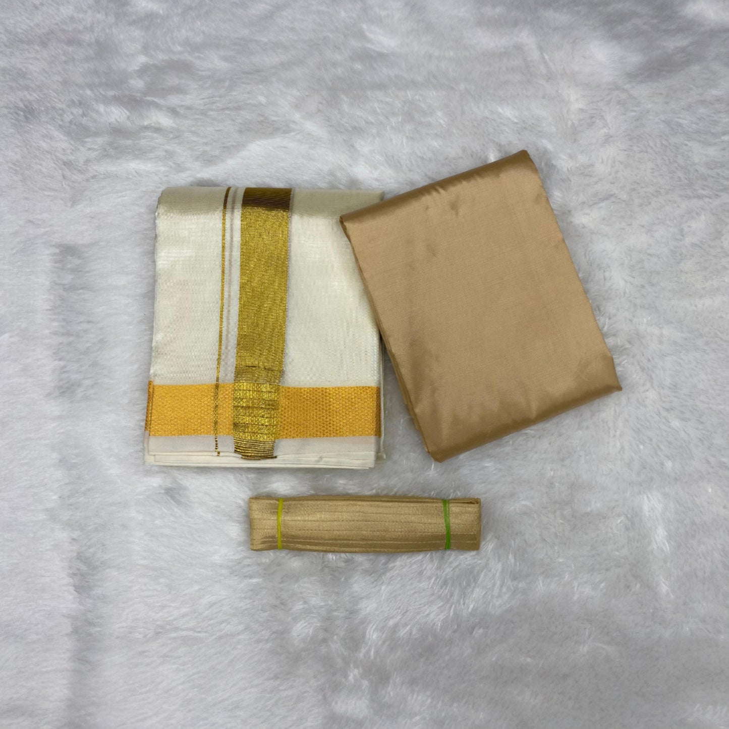 HORAD Premium Art Silk Cream with Gold Dhoti with Light Gold Shirt Material + Belt