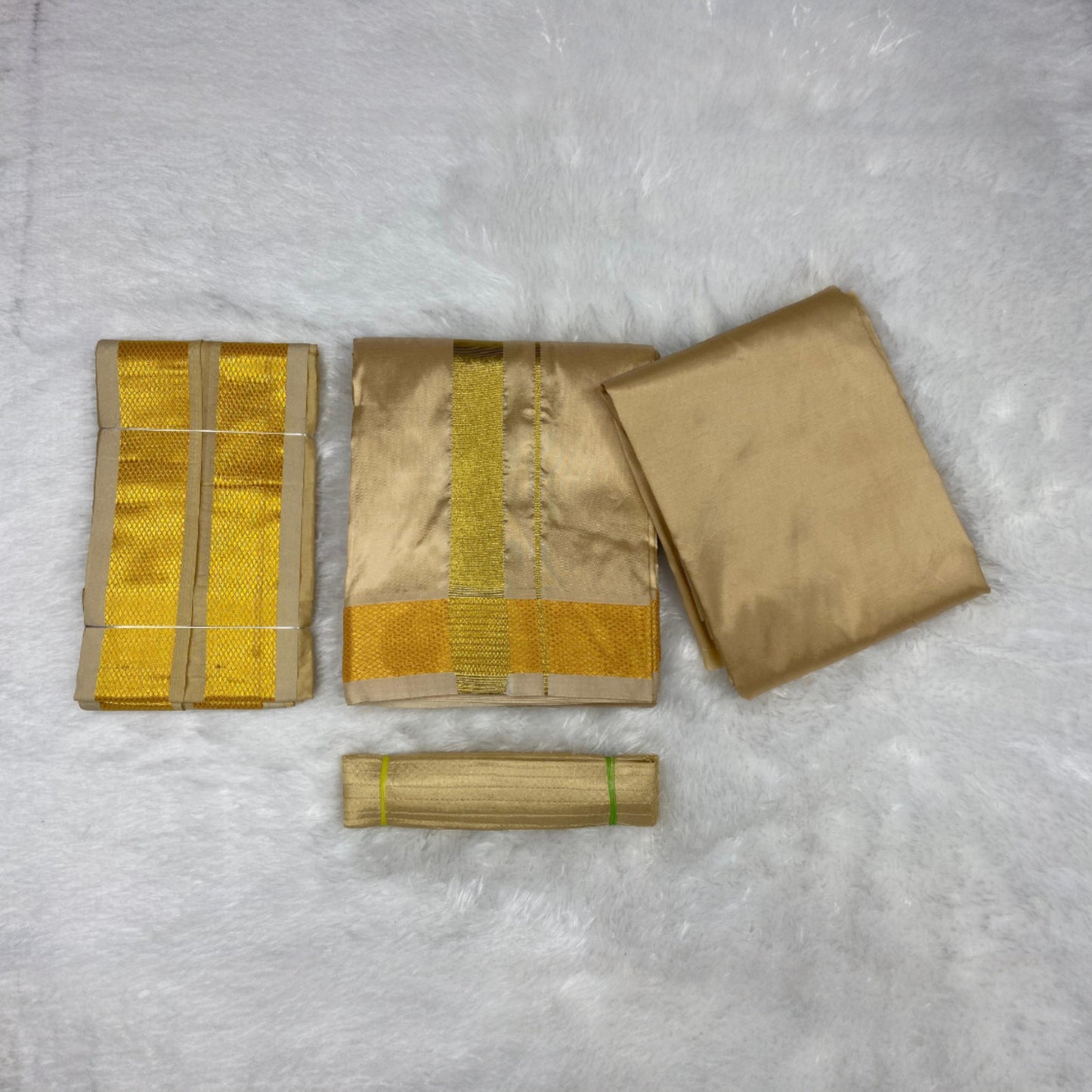 HORAD Premium Art Silk Light Gold Shirt Material (3 Meter) + (9X5) Dhoti + Angavastram + Belt