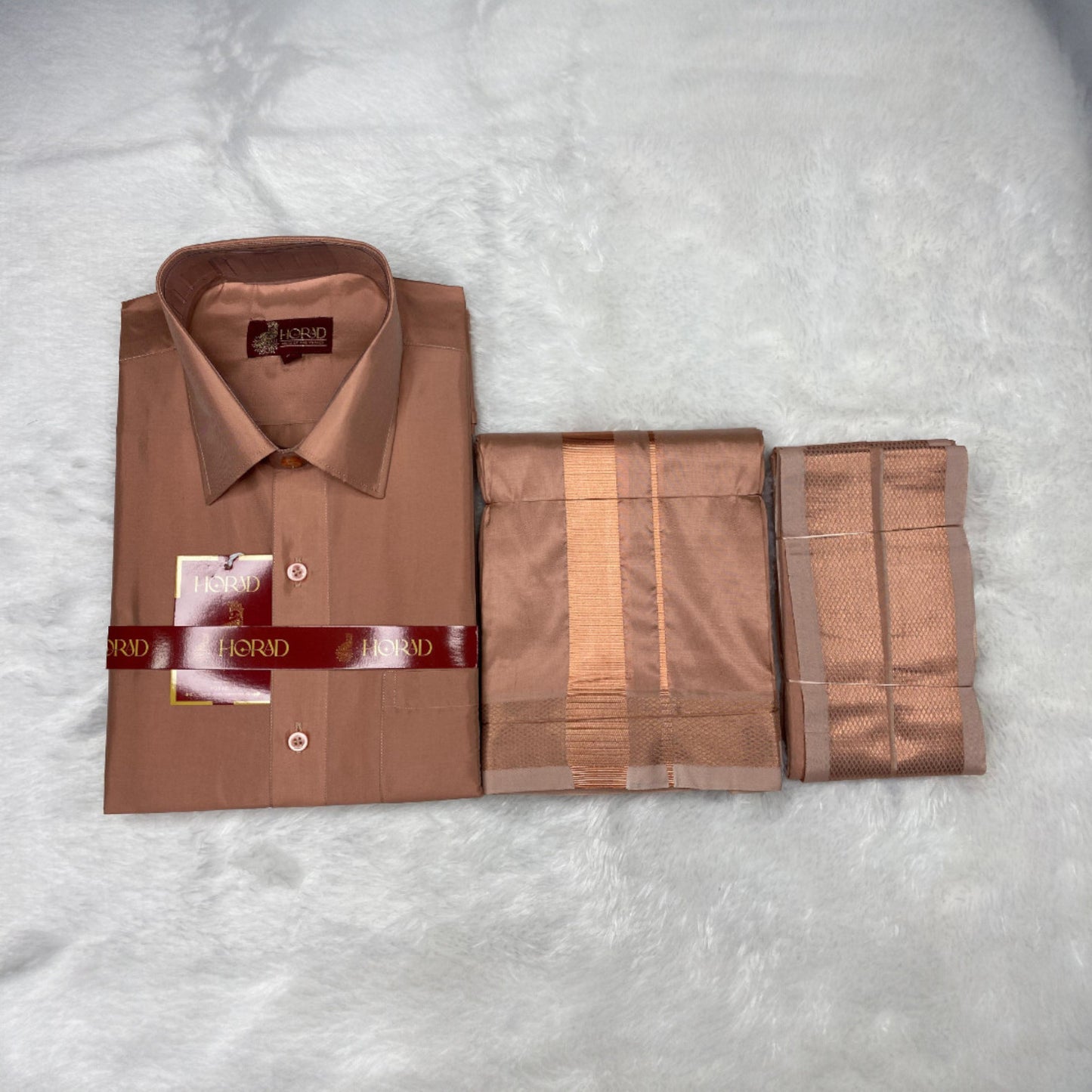 Horad Premium Art Silk Copper Shirt + Dhoti + Angavastram